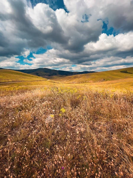 Zlatibor Montaña Colina Paisaje Con Hermosas Nubes Fondo Hierba Seca —  Fotos de Stock