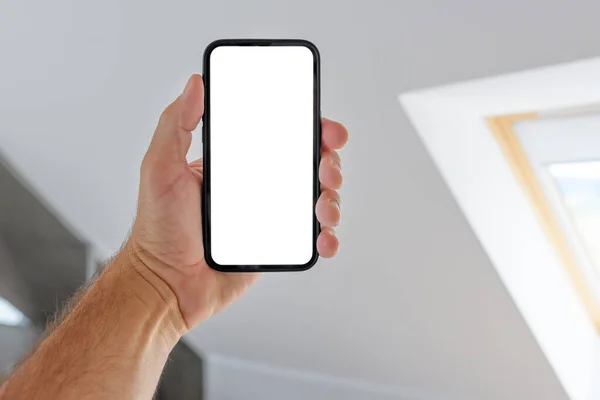 Mockup Teléfono Inteligente Blanco Pantalla Táctil Blanco Mano Masculina Hombre — Foto de Stock