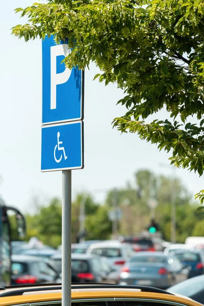 Reserved Parking Space Sign Handicapped Person Disability Wheelchair Pictogram Selective — Zdjęcie stockowe