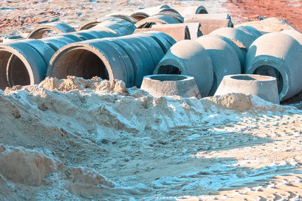 Concrete Sewer Pipes Building Construction Site Architecture Industry Concept — Stockfoto