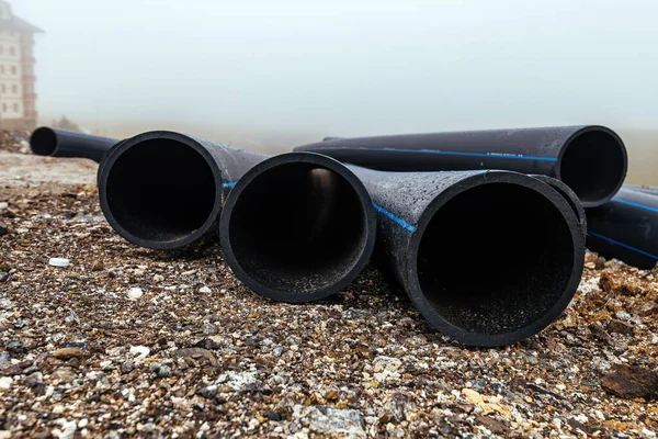 Road Construction Storm Water Pipes Sanitary Sewer Selective Focus — Stock Photo, Image