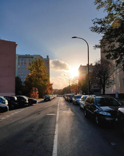 Puesta Sol Otoño Una Calle — Foto de Stock