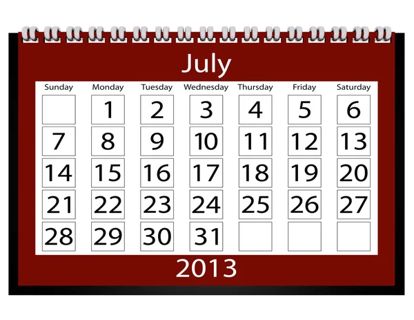 3D καθιστούν ημερολόγιο 2013 Ιουλίου — Φωτογραφία Αρχείου