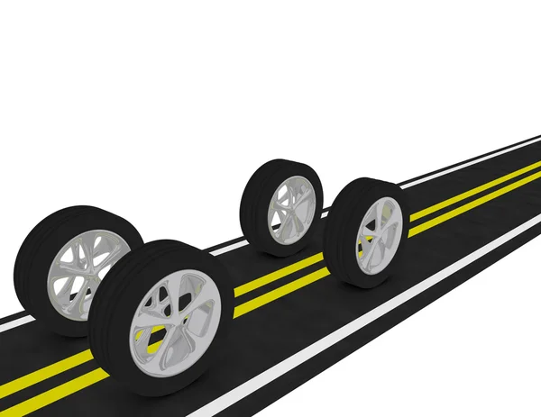 3d renderização de 4 pneus em uma estrada — Fotografia de Stock