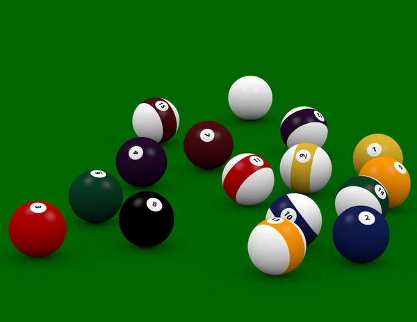 3d renderizado de bolas de piscina dispersas en una mesa de billar — Foto de Stock