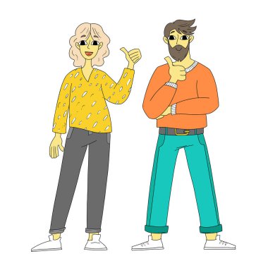 Genç, gülümseyen çift kadın ve erkek çizgi film karakterleri. Pozitif duygular ve iyi titreşimler kavramı. Başparmak gösteren insanlar. Beyaz arkaplanda izole edilmiş vektör illüstrasyonu