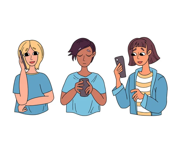 Colección Tres Chicas Muy Jóvenes Hablando Por Teléfono Comunicación Teléfono — Vector de stock