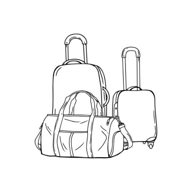 Üç farklı seyahat çantası, siyah hatlar, beyaz arka planda izole edilmiş. Vektör illüstrasyonu