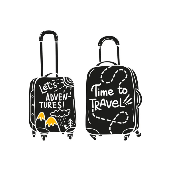 旅行の時間です 白地に手書きの書跡が孤立した2枚のスーツケースシルエット ベクターイラスト — ストックベクタ