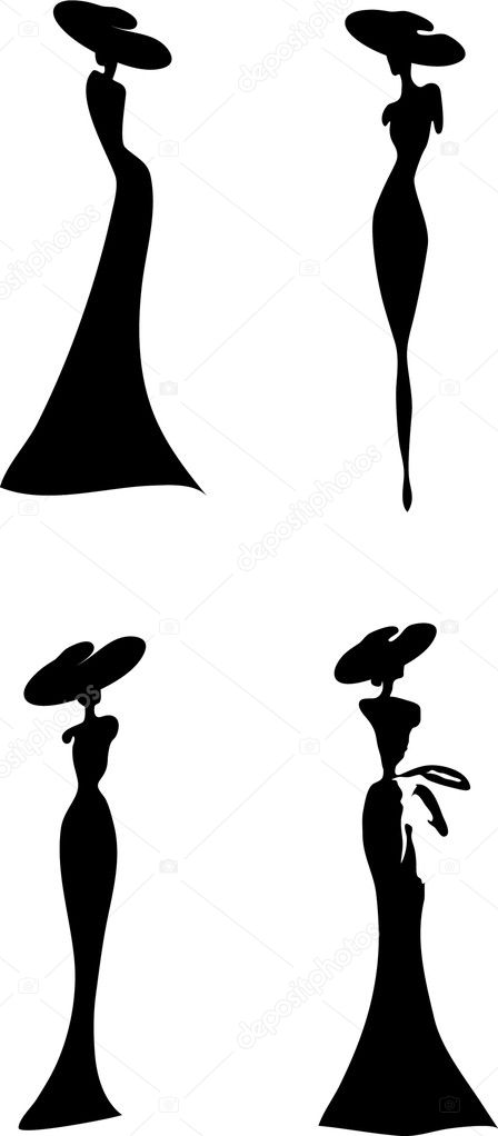 Silhouettes of women in long dresses and hats on a white background