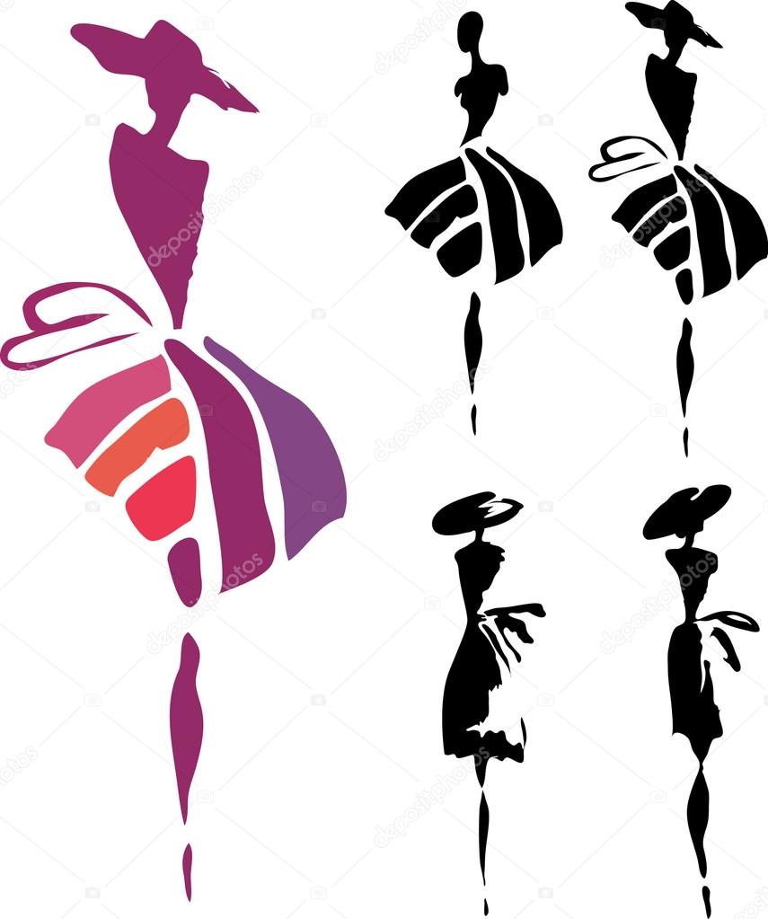 Silhouettes of women in dresses and hats on a white background
