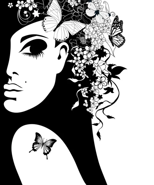 Silueta de una mujer con flores y mariposas, ilustración vectorial — Archivo Imágenes Vectoriales