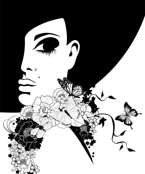 Silueta de una mujer en un sombrero negro con flores y mariposas, ilustración vectorial — Archivo Imágenes Vectoriales