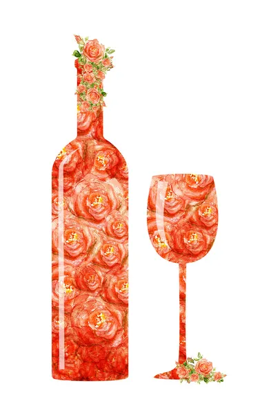 Verre à vin rouge gobelet et bouteille. Composé de l'exécution de roses aquarelles — Photo