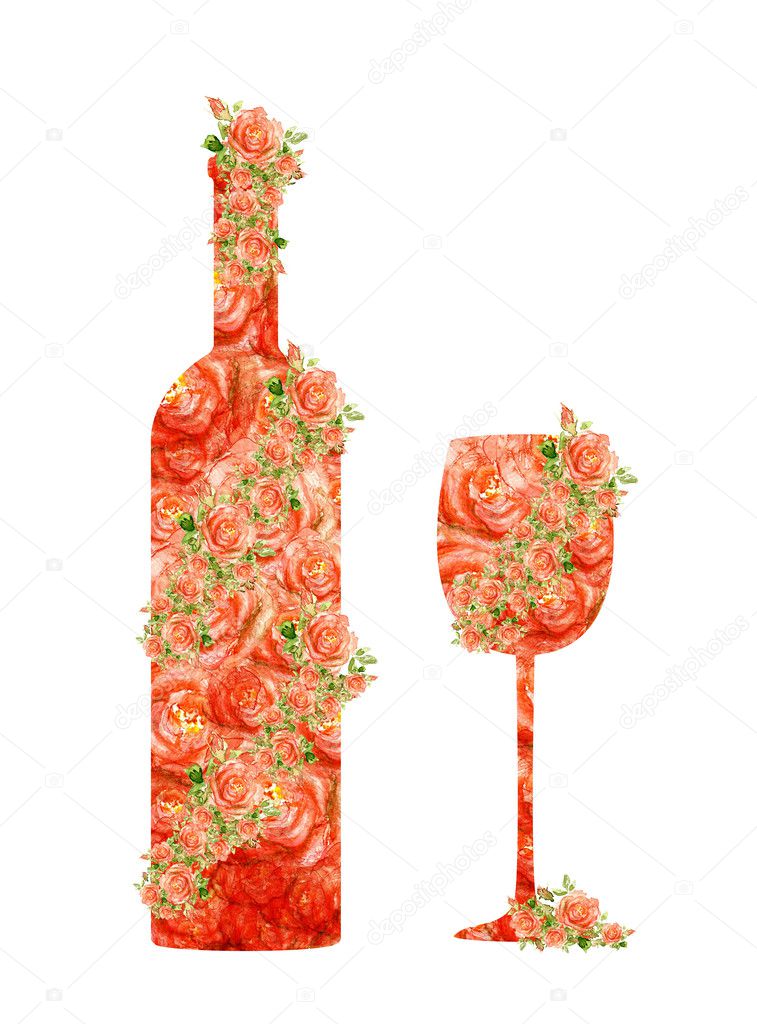 Red wine glass goblet and bottle. Made up of the execution of watercolor roses Stock Photo by