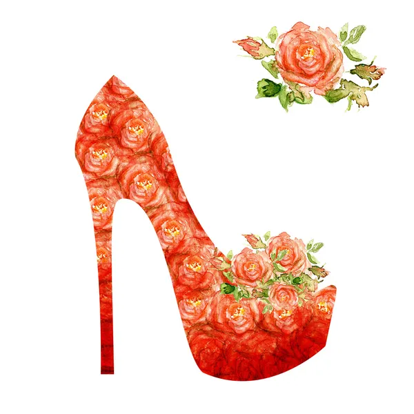 Shoes on a high heel decorated with roses. — Stock Photo, Image