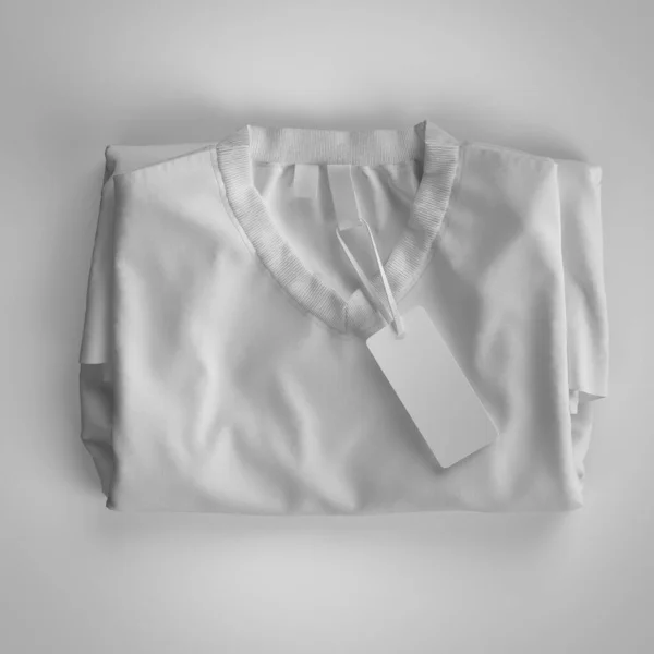 White folded T-shirt with labels. 3d rendering, mockup. Gray background.