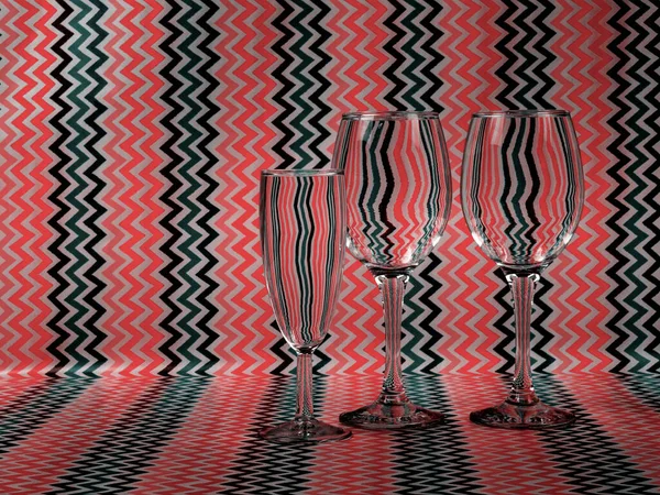 Zigzag pattern refracted by water in glasses. Science, art. Stock Photo