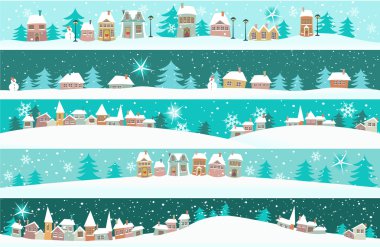 Winter banners with cartoon houses clipart