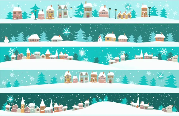 Bandeiras de inverno com casas de desenhos animados Vetores De Stock Royalty-Free