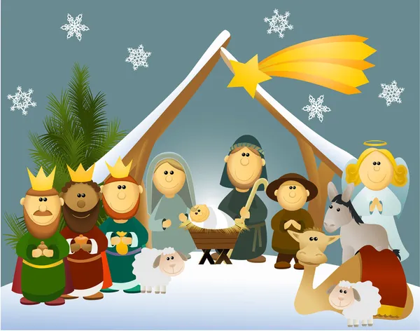 Cartoon Nativity scene with holy family — стоковый вектор