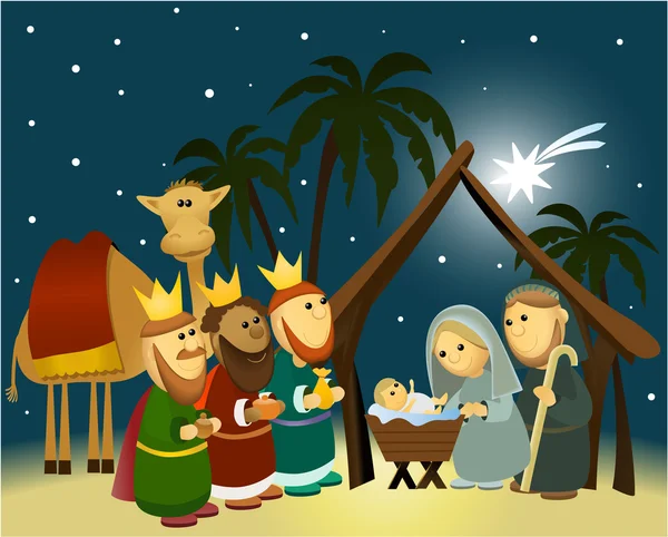 Cartoon crèche scène avec sainte famille — Image vectorielle