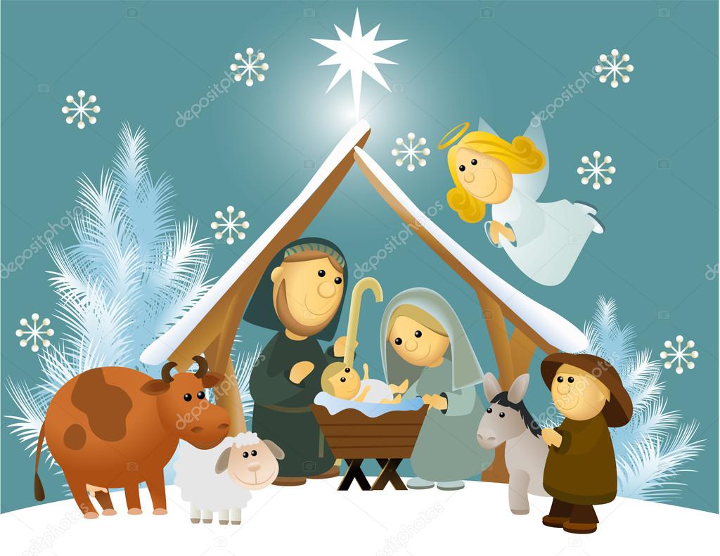 Cartoon nativity scene with holy family