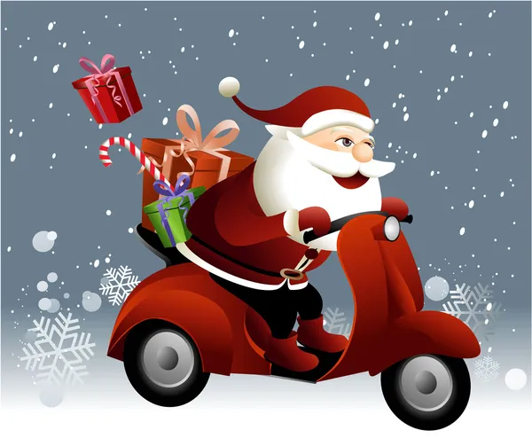 Santa Claus montando un scooter — Vector de stock