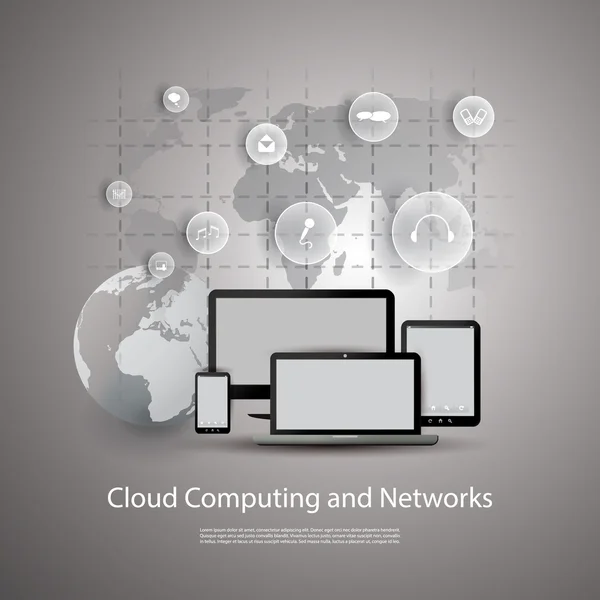 Концепция облачных вычислений и сетей — стоковый вектор
