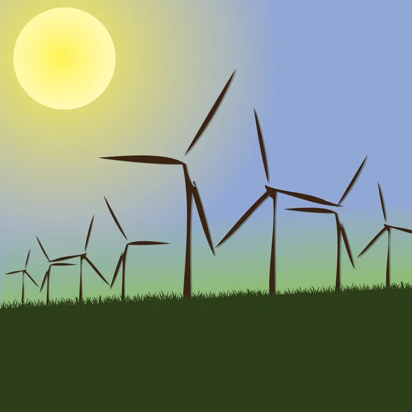 Molinos de viento en la puesta del sol — Vector de stock