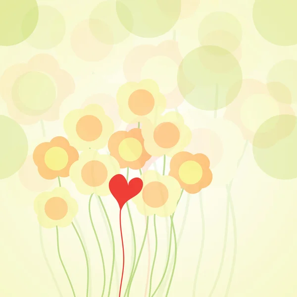 Tarjeta de felicitación con flores y un corazón rojo — Archivo Imágenes Vectoriales