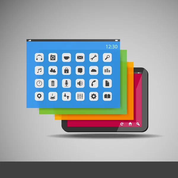 Tablet met lagen en pictogrammen - business vectorillustratie — Stockvector