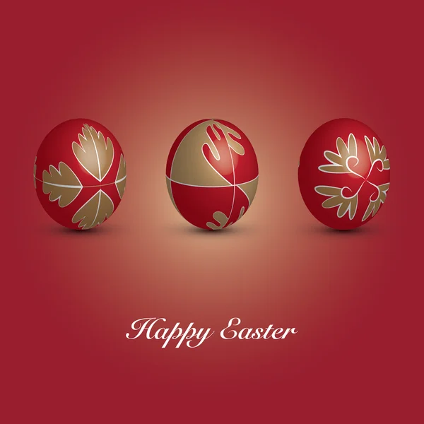 Cartão de Páscoa feliz - Três ovos vermelhos com ornamentos — Vetor de Stock
