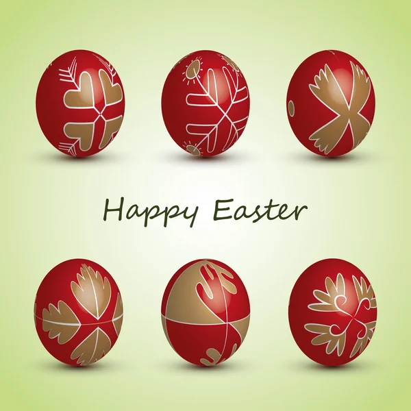 Happy Easter Card - Set of Six Red Eggs with Ornaments — Stock Vector