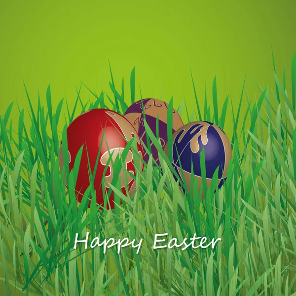 Happy Easter Card - Three Easter Eggs in the Grass — Stock Vector