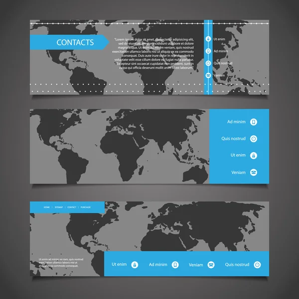 Elementos de diseño web - Diseños de encabezado con mapa del mundo — Vector de stock