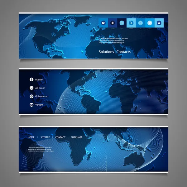 Elementos de diseño web - Diseños de encabezado con mapa del mundo — Vector de stock