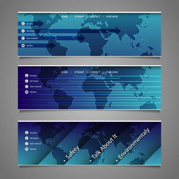 Elementos de Web Design - Designs de cabeçalho com mapa do mundo — Vetor de Stock