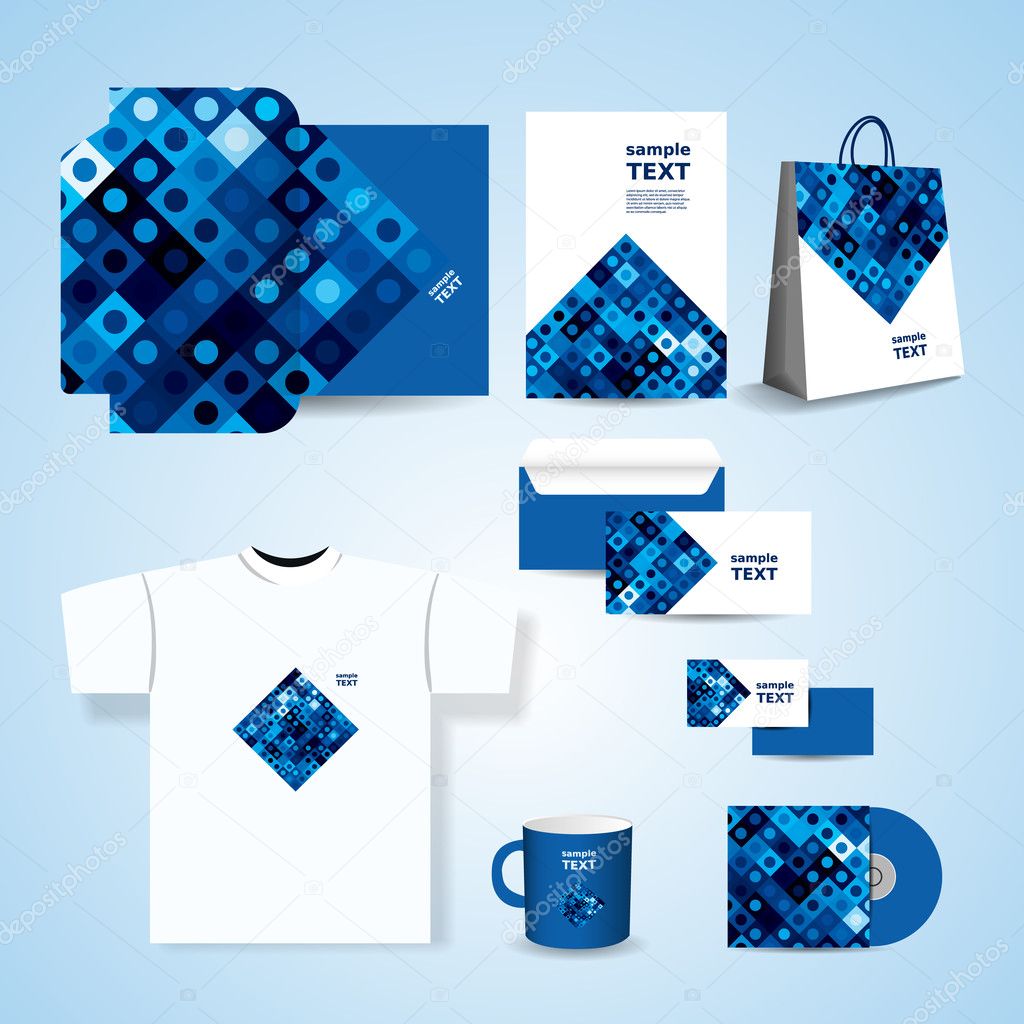 Stationery Template, Corporate Image Design with Abstract Blue Retro Styled Squares Pattern