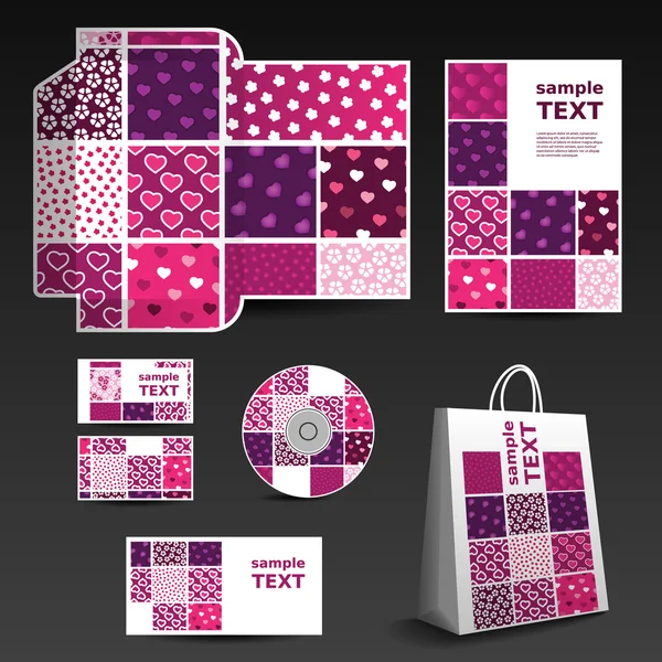Modèle de papeterie, conception d'image d'entreprise avec des coeurs et motif floral — Image vectorielle