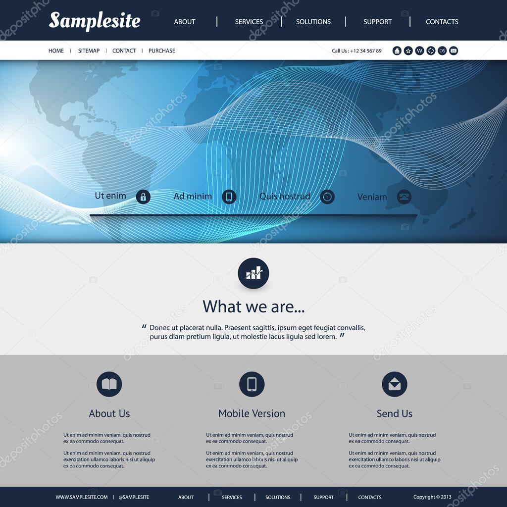 Website Template with World Map and Wavy Lines Pattern