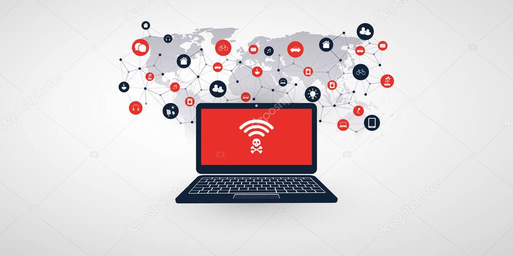 Unsafe Wi-Fi Connections, Networks - Virus, Backdoor, Ransomware, Fraud, Spam, Phishing, Email Scam, Hacker Attack - Global IT Security Concept Design, Vector Illustration with World Map, Network Mesh