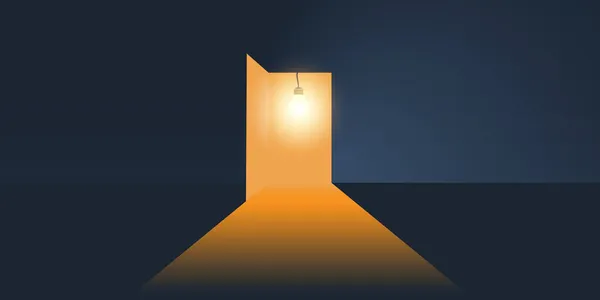 Dark Room Open Door Light Bulb Coming Way Out Darkness — Stockový vektor