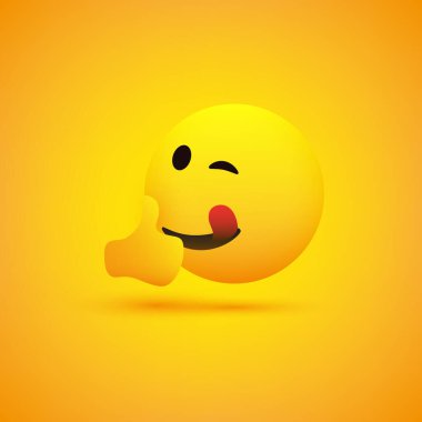 Sarı Arkaplanda Gülümseyen Emoji - Göz Kırpılmış ve Genişletilmiş Dilli Basit Mutlu Duygu Başparmaklarını Yukarı Gösteren - Vektör Tasarımı