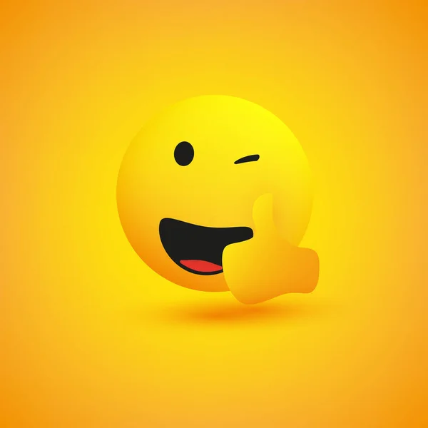 Smiling Winking Emoji Showing Thumbs Απλό Γυαλιστερό Χαρούμενο Emoticon Στο — Διανυσματικό Αρχείο