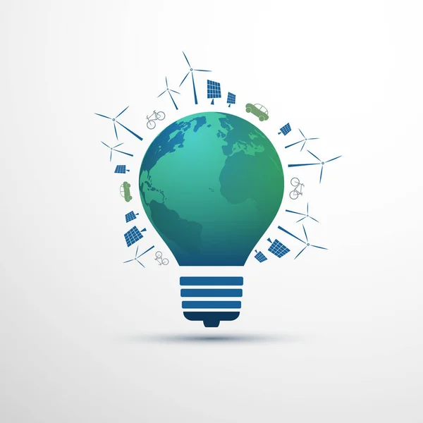 绿色生态能源 具有各种替代能源解决方案对称性的碳中和概念设计 绿色交通 灯泡内的地球球 矢量设计概念 — 图库矢量图片