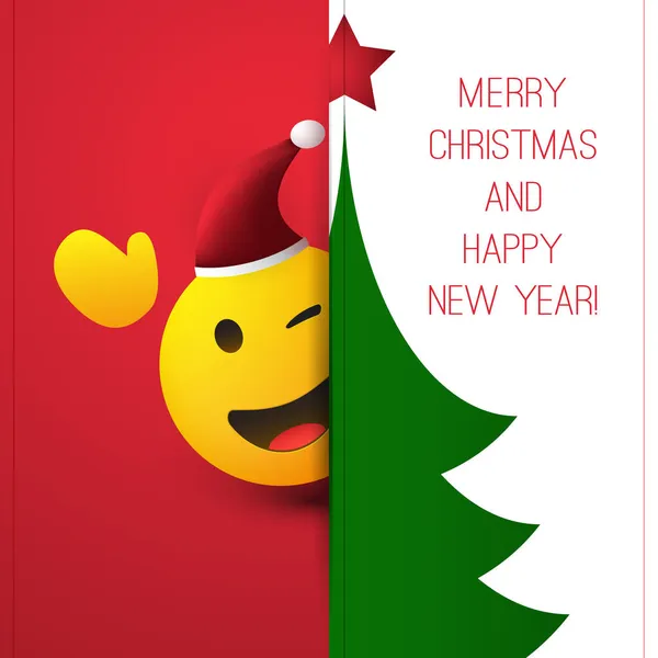 Feliz Navidad Feliz Año Nuevo Emoji Sonriente Ondulante Guiño Con — Vector de stock