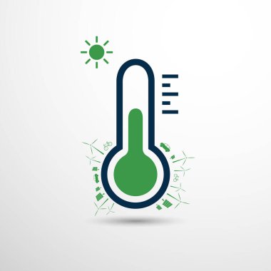 Küresel Isınma ve İklim Değişikliğine Karşı Mücadele, Karbon Tarafsızlığına Ulaşmak - Termometre ve Çeşitli Alternatif Enerji Çözümleri Sembolleri, Yeşil Ulaşım Düz Vektör Tasarımı
