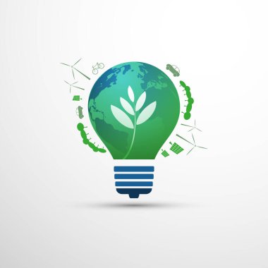 Yeşil Çevre Enerjisi, Karbon Tarafsızlık Tasarımı Değişik Alternatif Enerji Çözümleri, Ağaçlar, Orman, Yeşil Taşımacılık - Bir Ampulün İçinde Dünya Küresi - Vektör Tasarımı