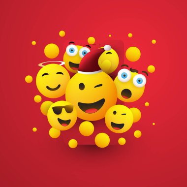Mutlu Noeller! - Kırmızı Arkaplanda Gülümseyen Mutlu Sarı Duygu Simgeleri, Vektör İllüzyonu